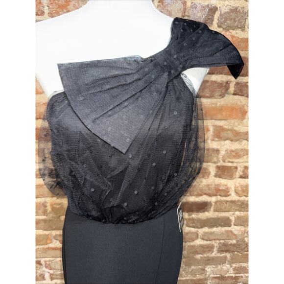 Express Black Mesh Polka Dot One Shoulder Bow Midi Sheath Dress Sz M Holiday - Picture 4 of 9